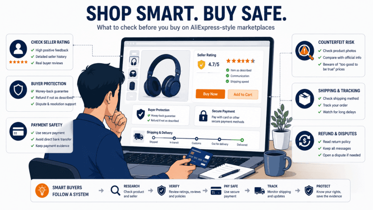 Alıcı, AliExpress'ten alışveriş yapmadan önce satıcı puanını, alıcı korumasını, ödeme güvenliğini ve kargo riskini kontrol eder.