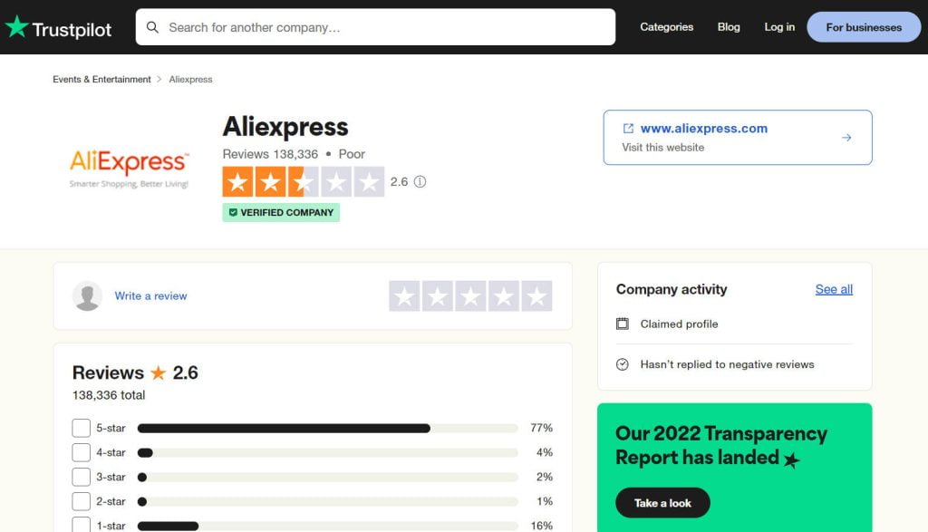 opinión de trustpilot sobre aliexpress