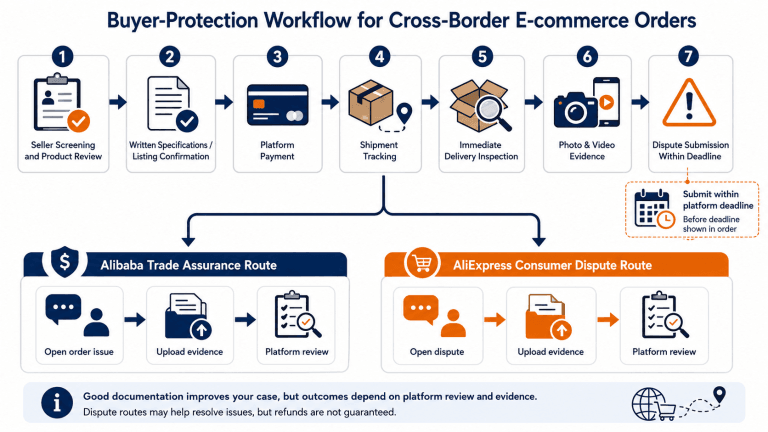 Procedure di tutela dell'acquirente per le controversie con Alibaba Trade Assurance e AliExpress.