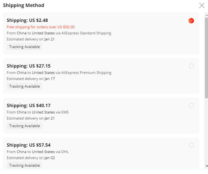 envio padrão aliexpress