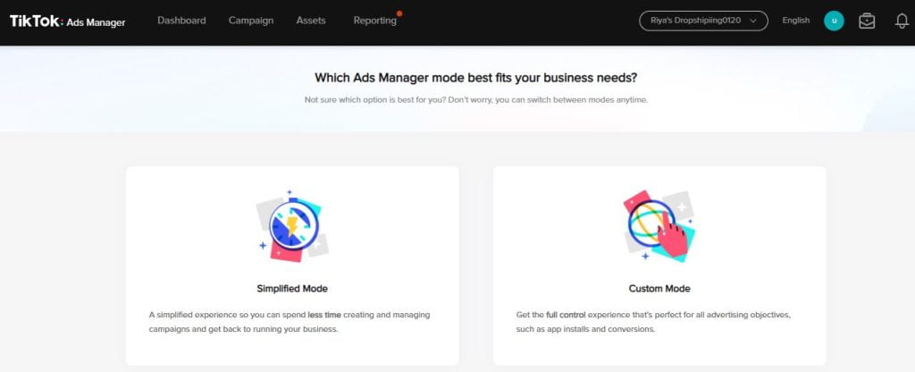 seleccione el modo de publicidad TIKTOK