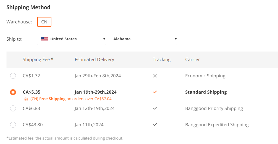 método de envio da banggood