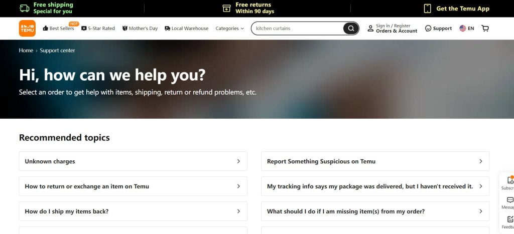 Assistenza clienti di Temu