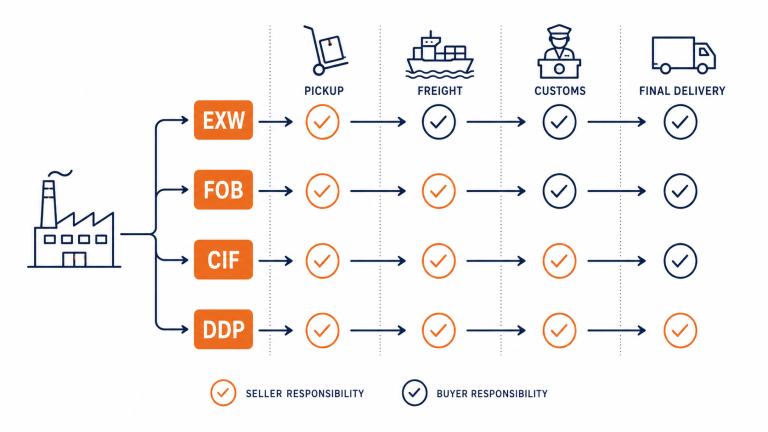 Comparação das responsabilidades de envio EXW, FOB, CIF e DDP da China para a China.