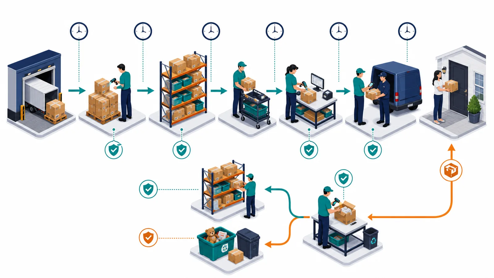 How to Choose 3PL for Small Ecommerce Business: 17 Questions Before You Sign Ecommerce fulfillment lifecycle from receiving through shipping and returns with SLA checkpoints