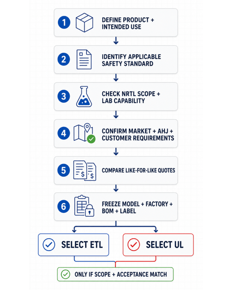Certificação ETL vs. Certificação UL: diferenças, aceitação e como escolher. Fluxograma de seleção ETL vs UL