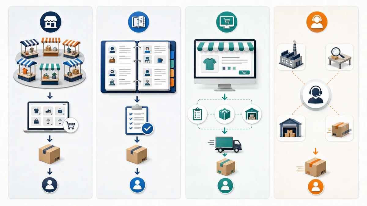 Modelli operativi di marketplace, elenco fornitori, piattaforma dropshipping e agente di approvvigionamento