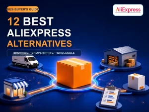 AliExpress alternatifleri, mağazaya, depoya, teslimat aracına ve tedarikçiye giden yollarla temsil edilir.