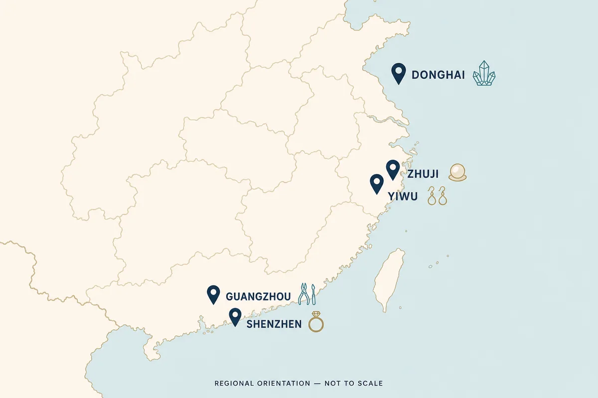 Wholesale Jewelry from China: How to Find Suppliers, Check Quality, and Buy Safely Regional orientation map showing Yiwu, Guangzhou, Shenzhen, Zhuji, and Donghai