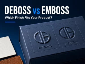 Comparação entre relevo e baixo-relevo em uma caixa de embalagem personalizada azul-marinho.