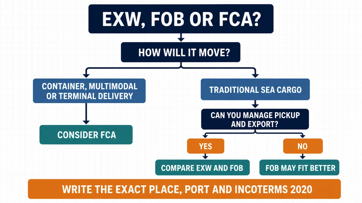 FOB vs EXW: Costs, Risks, and Which One to Choose Decision tree for choosing EXW, FOB, or FCA shipping terms