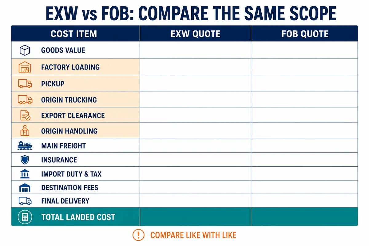 FOB vs EXW: Costs, Risks, and Which One to Choose Blank EXW and FOB landed-cost comparison worksheet
