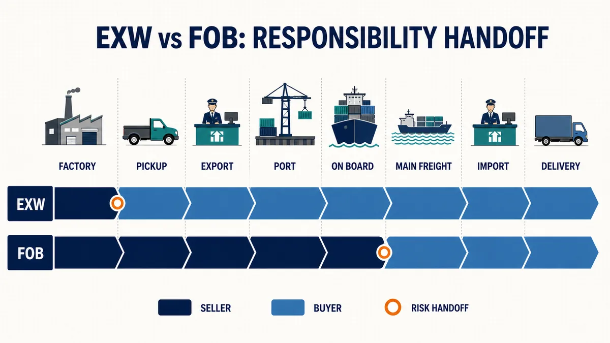 FOB vs EXW: Costs, Risks, and Which One to Choose EXW and FOB seller and buyer responsibility handoff across the shipping journey