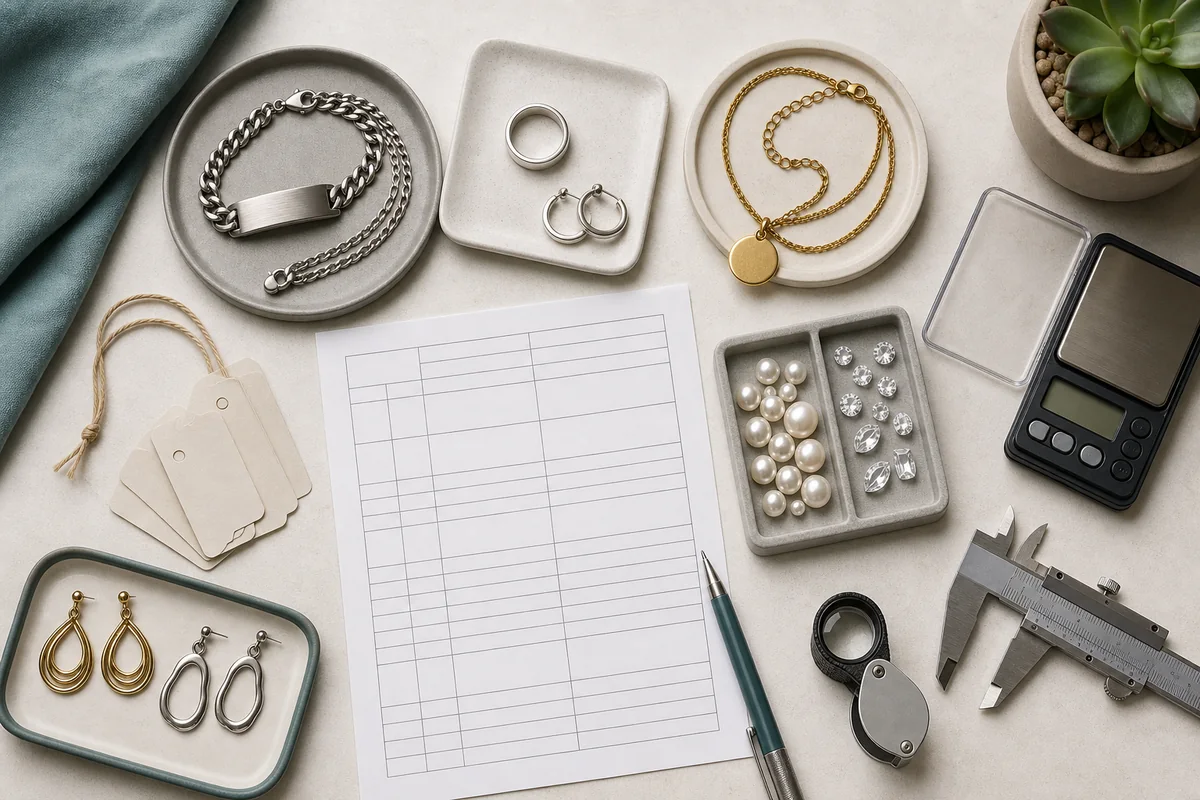 Wholesale Jewelry from China: How to Find Suppliers, Check Quality, and Buy Safely Jewelry material samples with calipers, scale, and specification sheet