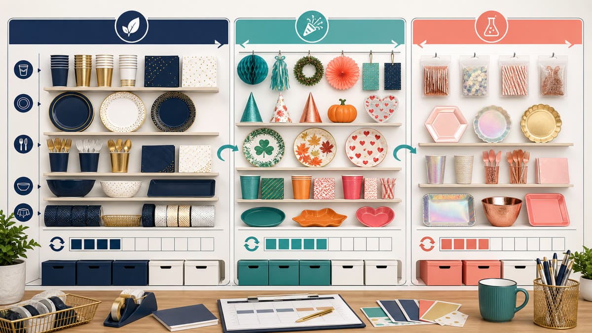 Wholesale party supplies assortment plan balancing evergreen, seasonal, test, decorative, and practical products
