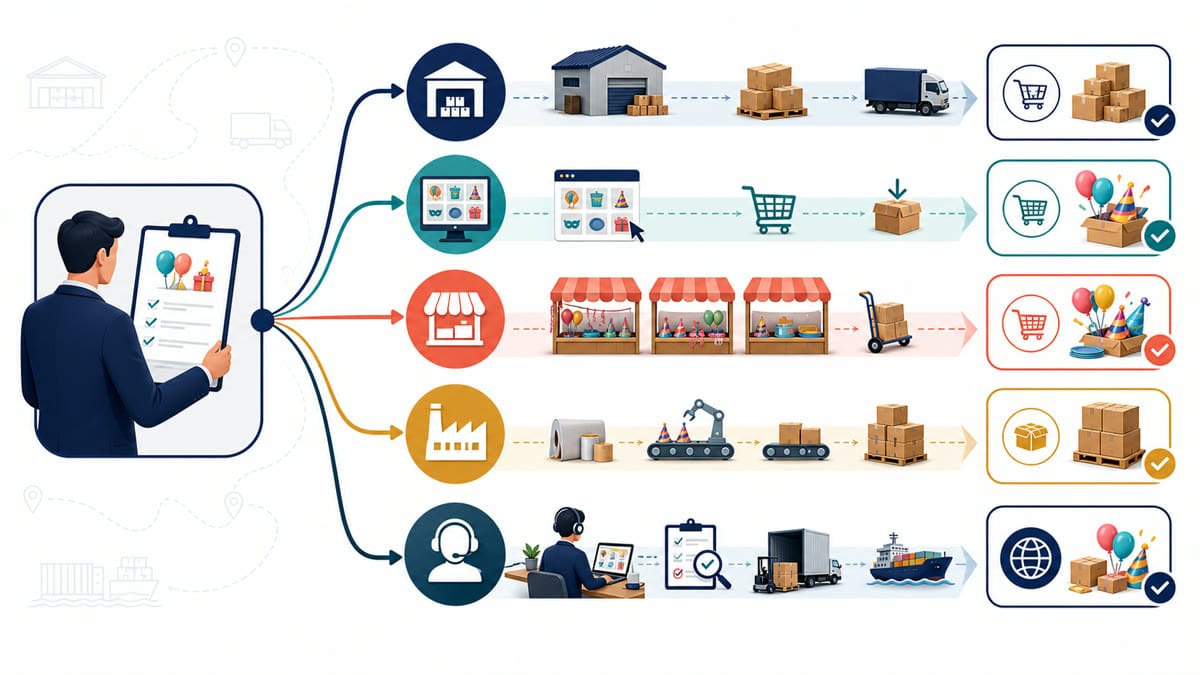 Decision paths for buying wholesale party supplies from distributors, marketplaces, Yiwu wholesalers, factories, or sourcing agents