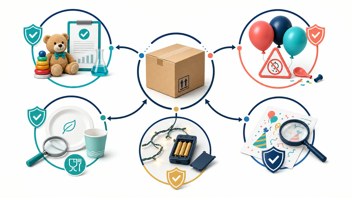 Compliance checks for children's party favors, balloons, food-contact tableware, LED products, and licensed artwork