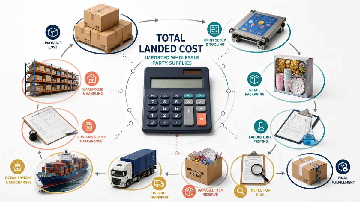 Total landed cost components for imported wholesale party supplies from product and packaging to testing, freight, duty, storage, and fulfillment