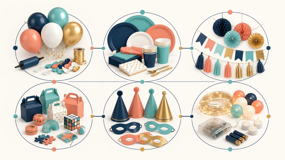 Product family map for wholesale party supplies including balloons, tableware, decorations, favors, costumes, and LED items