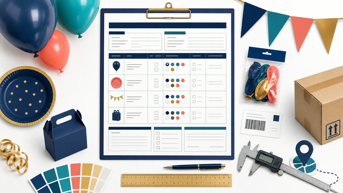 Party supplies RFQ specification covering materials, dimensions, color, printing, packaging, quantity, testing, and delivery