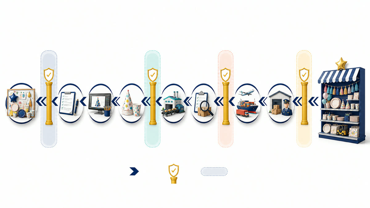 Backward sourcing timeline from party-supplies shelf date through receiving, freight, inspection, production, samples, and RFQ