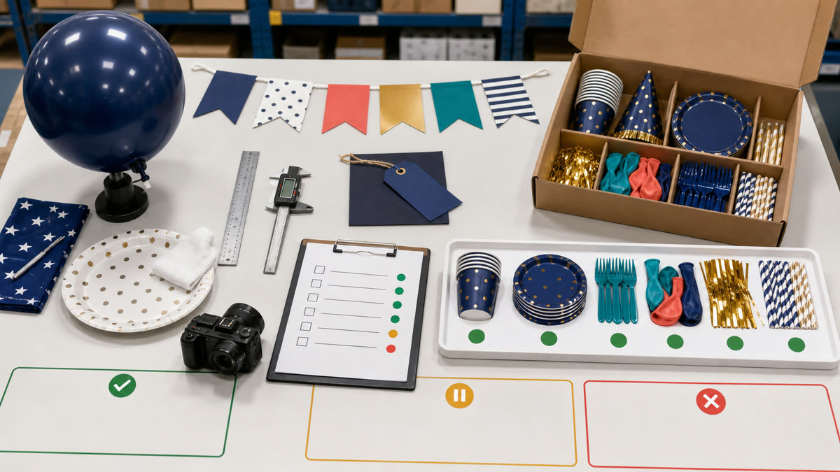 Quality-control scorecard and sample checks for wholesale balloons, tableware, decorations, and party kits