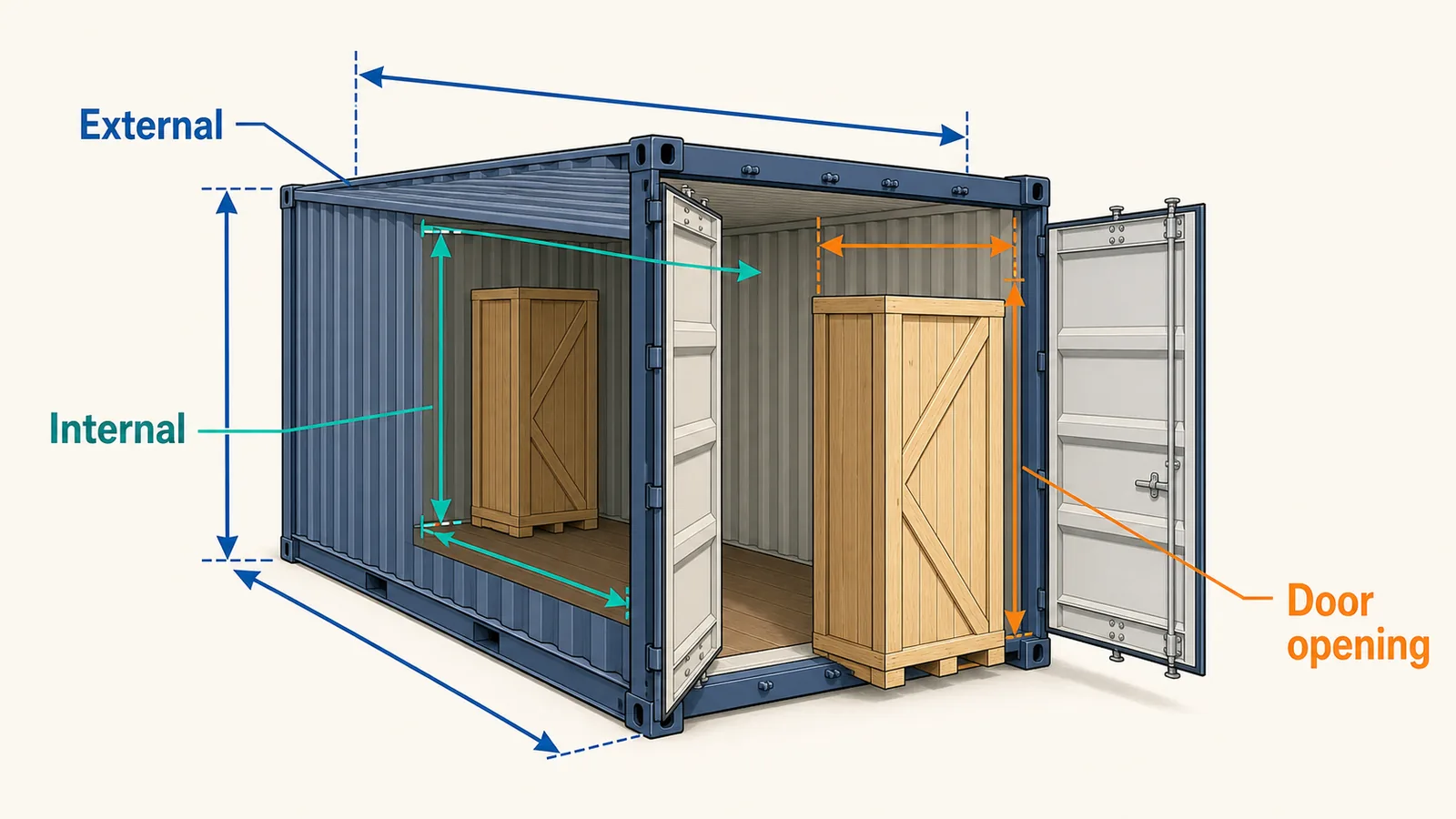 Schema in sezione che mostra le dimensioni esterne, interne e dell'apertura della porta di un container.