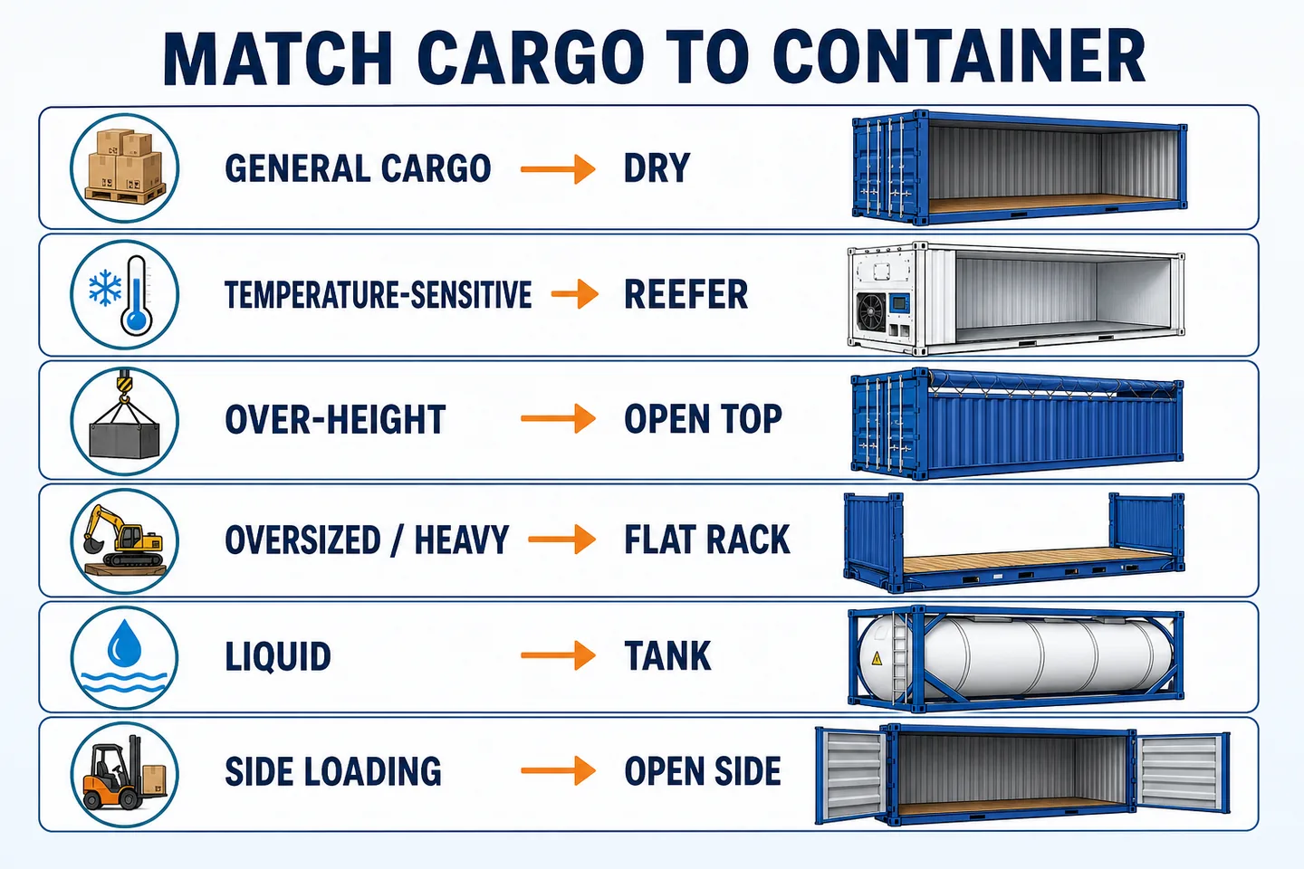 Matrice di abbinamento carico-container per merci generiche, termosensibili, fuori misura, di grandi dimensioni, liquide e con carico laterale.