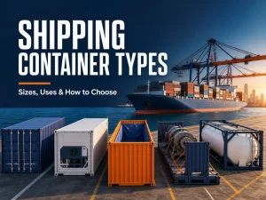 Verschiedene Arten von Versandcontainern in einem Seehafen, darunter Trockencontainer, Kühlcontainer, Open-Top-Container, Flatrack-Container und Tankcontainer