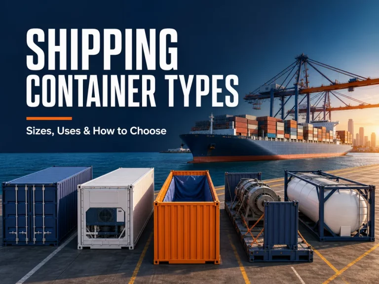Shipping container types at a seaport, including dry, reefer, open-top, flat-rack, and tank containers