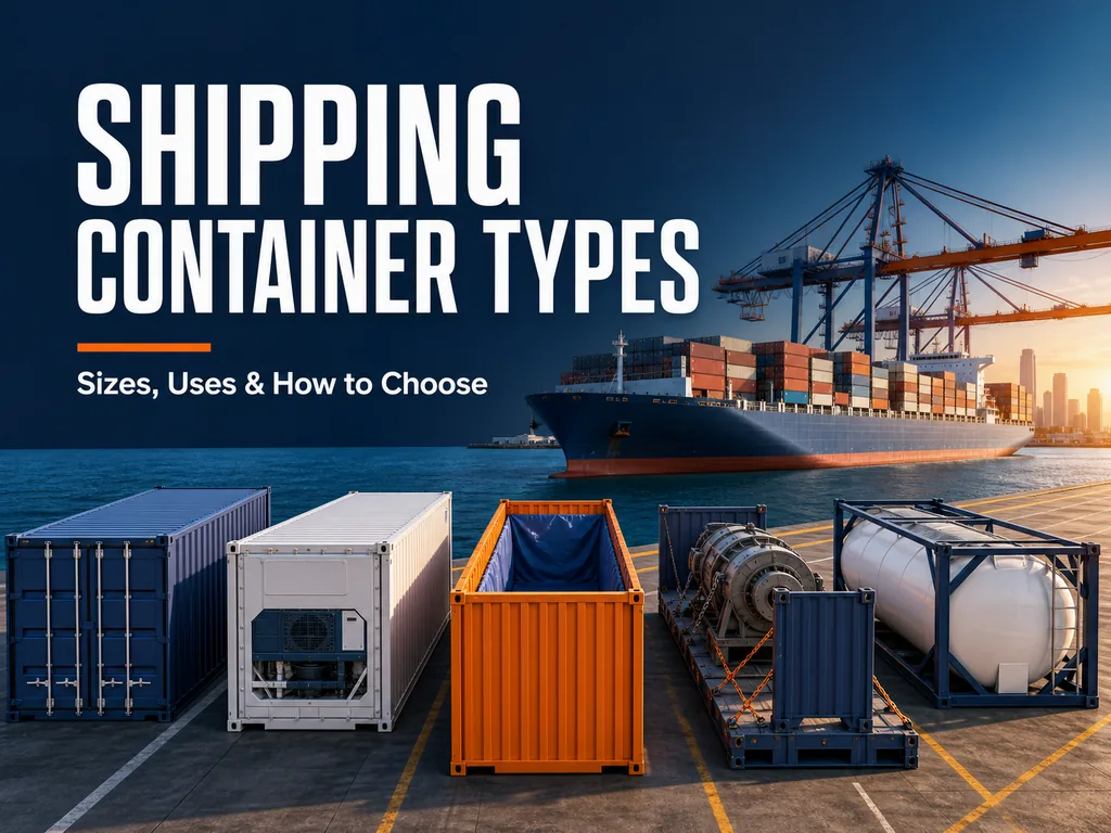 Containertypen im Versand: Größen, Einsatzgebiete und Auswahlkriterien Verschiedene Arten von Versandcontainern in einem Seehafen, darunter Trockencontainer, Kühlcontainer, Open-Top-Container, Flatrack-Container und Tankcontainer
