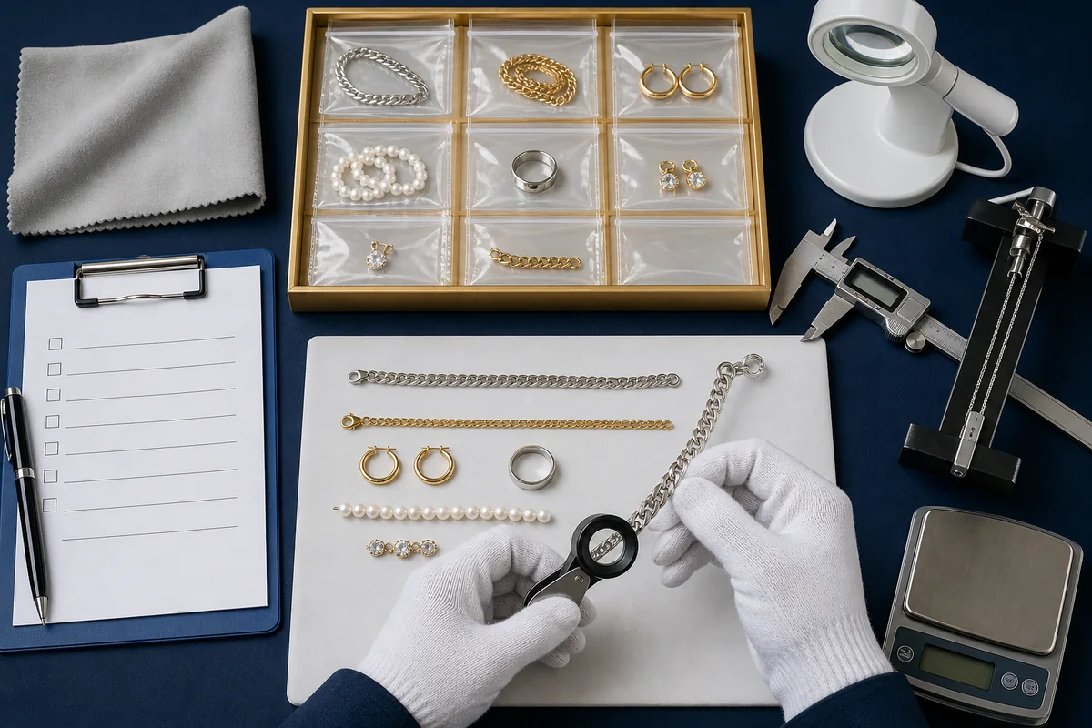 Wholesale Jewelry from China: How to Find Suppliers, Check Quality, and Buy Safely Wholesale jewelry batch inspection using a golden sample, calipers, scale, and loupe