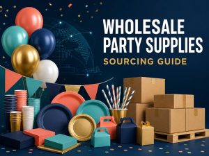 Wholesale party supplies sourcing guide with balloons, tableware, favor boxes, and shipping cartons