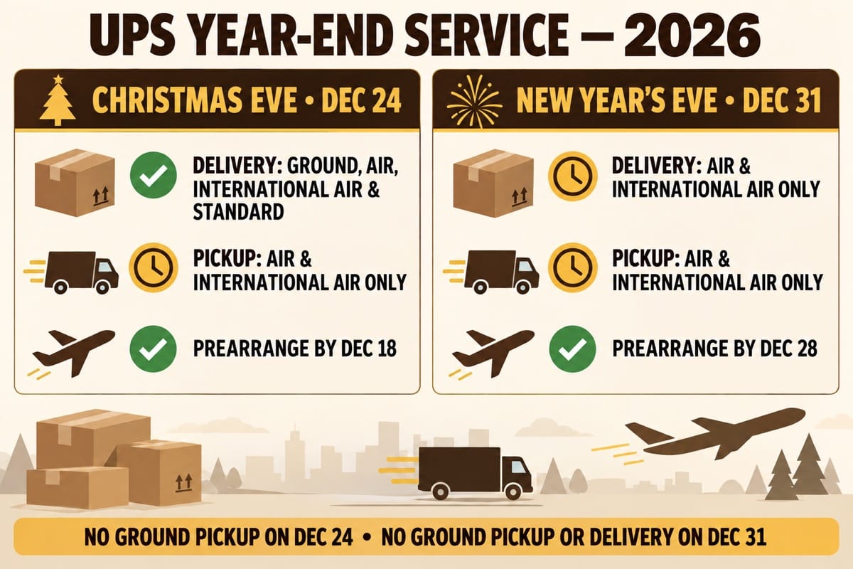 UPS holiday schedule 2026: Pickup, delivery, and store hours UPS pickup and delivery restrictions on Christmas Eve and New Year's Eve 2026