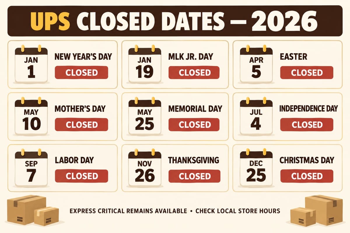 UPS holiday schedule 2026: Pickup, delivery, and store hours Nine dates marked closed for standard UPS domestic services in 2026