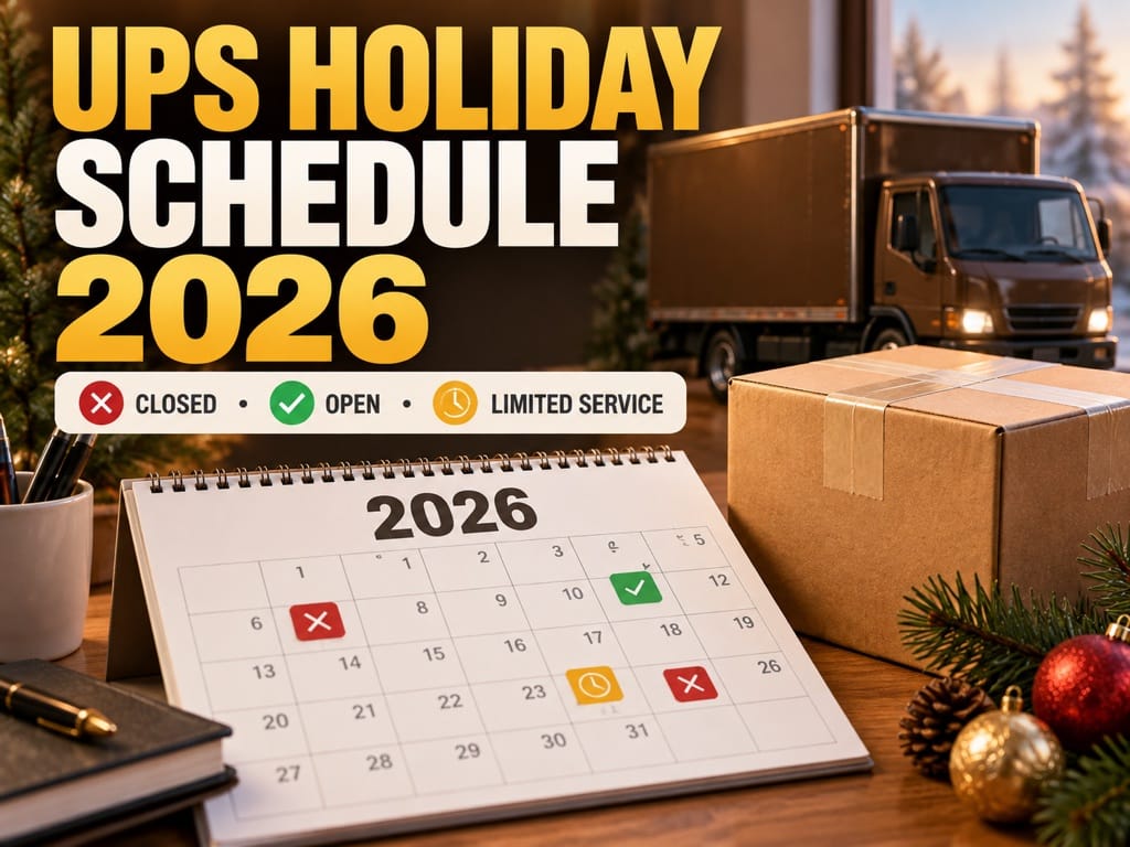 UPS Holiday Schedule 2026 cover with a delivery truck, parcel, and service status calendar