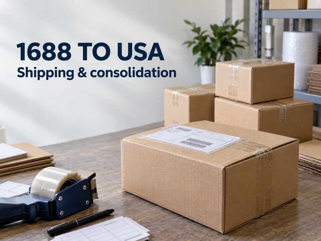 Schifffahrt in die USA ab 1688: Kosten, Zeitaufwand und Konsolidierung Kartons auf einer Packbank mit der Aufschrift 1688 TO USA — Versand & Konsolidierung.