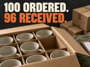 100 ORDERED. 96 RECEIVED. A conceptual shipment close-up shows an empty compartment among cups.