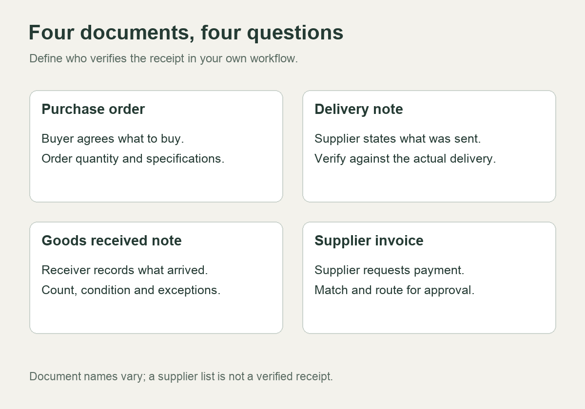 Four cards distinguish the order, supplier delivery note, receiver record and invoice.