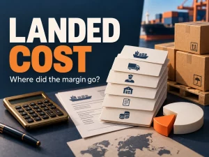 Calculator, shipment cost cards and a shrinking margin graphic under the words Landed Cost