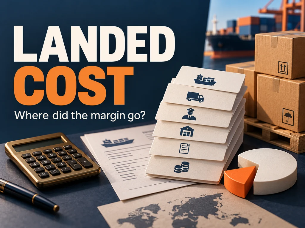 Calculator, shipment cost cards and a shrinking margin graphic under the words Landed Cost