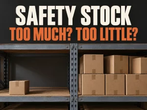 SAFETY STOCK. TOO MUCH? TOO LITTLE? Adjacent warehouse bays contrast one remaining carton with a full shelf.